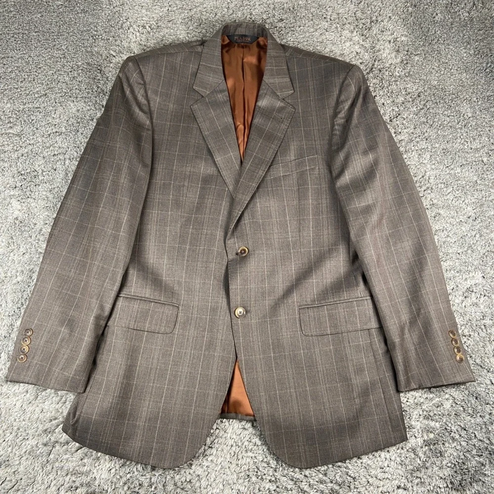 Jos A Bank 2 Piece Suit Mens 41R Blazer 35x31 Pant Brown Windowpane Wool Joseph